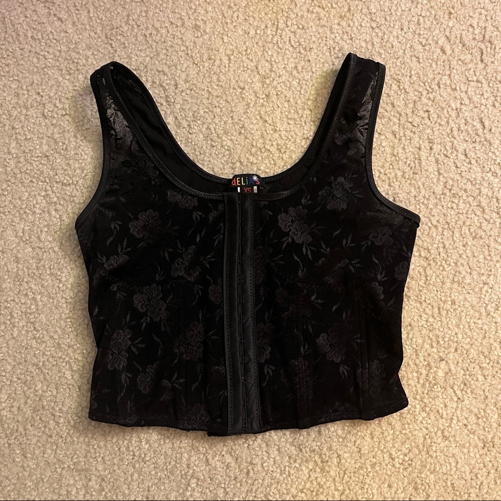 Delia’s black lace corset top w hook & eye front closure XS